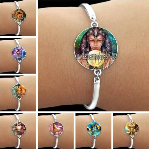 12 Constellation Zodiac Sign Silver Color Bracelet Leo Cancer Virgo Libra Glass Cabochon Women Bangles Birthday Bracelet