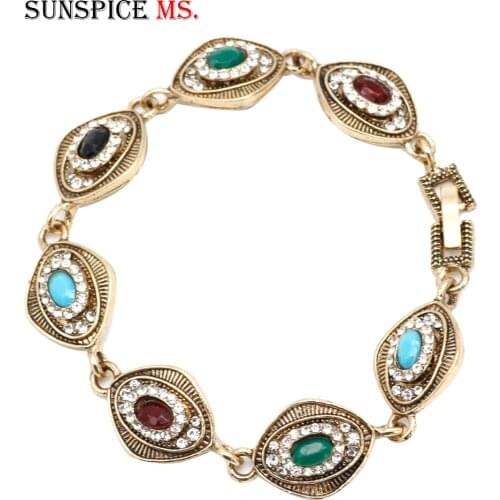 SUNSPICE MS Antique Gold Color Coin Link Bracelet for Women Turkish Ethnic Rhinestone Wedding Jewelry Morocco Ladies Wrist Chain