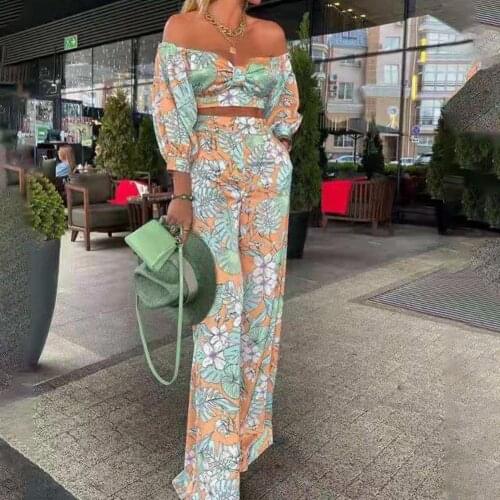 2pcs/Set Outfits Women Pant Sets Half lantern Sleeve Off Shoulder Crop Top Wide Leg Pants Two Pieces Set Women Beach Tracksuits