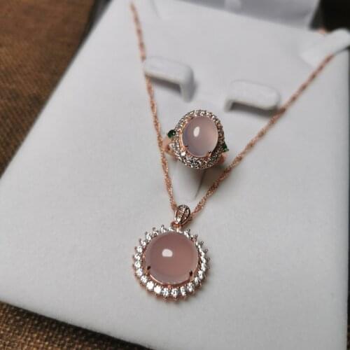 Charm Chinese Pink Jade Jewelry Sets For Women Rose Gold 925 Sterling Silver Ring/Necklace Anniversary Fine Jewelry Sets Gifts