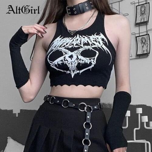 AltGirl Dark Gothic Y2k Vest Women Harajuku Streetwear Grunge Pentagram Printed Crop Tank Tops Emo Alt Mall Goth Black Outfits