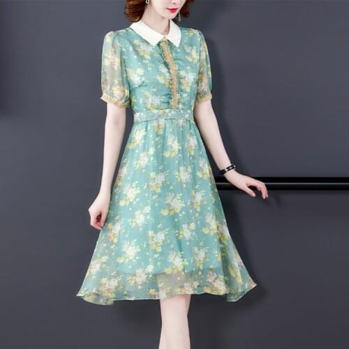 Green Print Chiffon Elegant Beach Midi Dress 2021 Summer Vintage Floral 3XL Plus Size Casual Dress Women Bodycon Party Vestidos