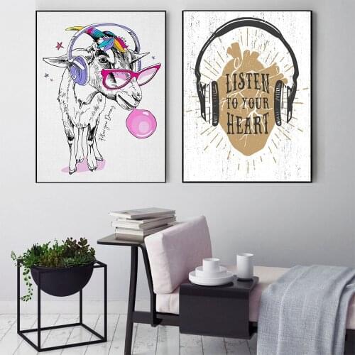 Animal Art Goat with Headset Bubble Gum Canvas Painting Wall Art Nordic Posters and Prints Wall Pictures for Living Room Decor