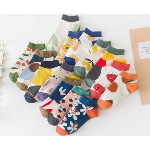 1 Pair Female Boat Socks Fruit Flower Jacquard Cute Socks Happy Pure Cotton Ankle Funny Women Summer Casual Socks Wholesale