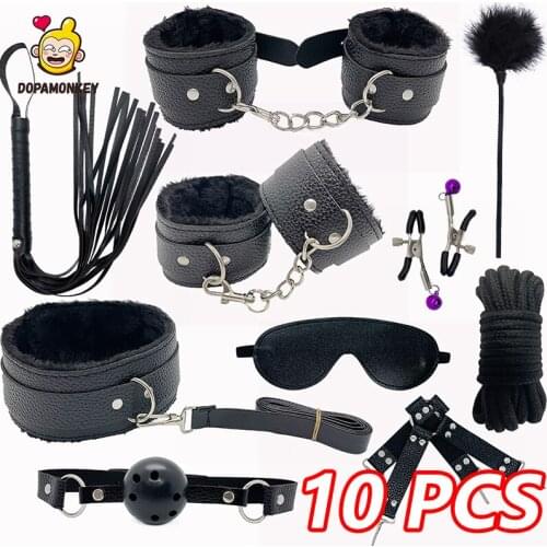 10PCS Adults Game for Couple BDSM Leather Bondage Equipment Kits Handcuffs Sex Toy Whip Gag SM Products Bondage Set for Women