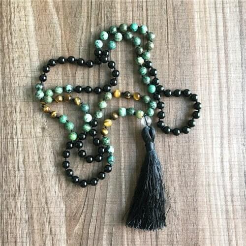 108 Mala Beads Necklace Natural African Turquoises & Black Onyx & Tiger Eyes Natural Hand Knotted Meditation Jeweltation Jewelry