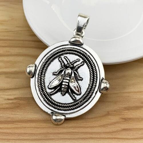 2 Pieces Large Round Bumble Bee Honeybee Insect Silver Color Charms Pendants for Necklace Jewellery Making 76x55mm