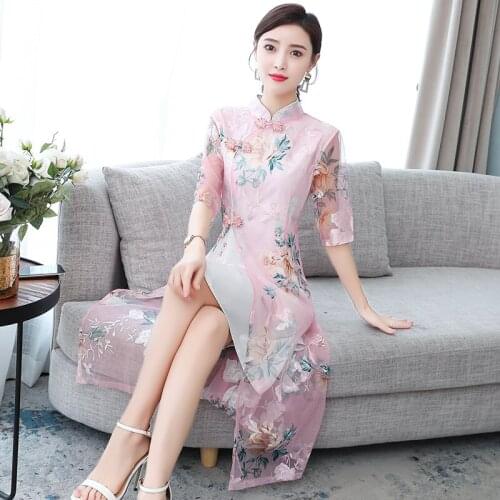 2021 chinese traditional lace cheongsam dress mandarin collar floral printing double layer qipao vestidos elegant party dress