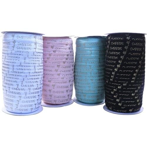 5/8" gold foil CHEERS champagne glass FOE fold over elastic for DIY celebration accessory