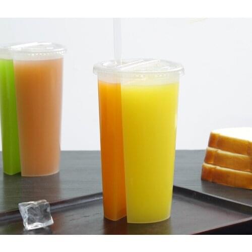 50pcs Transparent disposable cold drink plastic cup creative double share lover juice coffee party birthday favor cup with lid