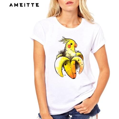 AMEITTE 2021 Summer Tops Funny Fruit Design Banana Parrot Print T Shirts Women Watercolor Bird Tshirt All-match White Tee Shirt