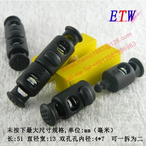 Free Shipping! Wholesale 2 Holes Black Nylon Cord Lock, 51*13*12MM quality A Spring Stopper, Cord Stopper 100 pcs/lot