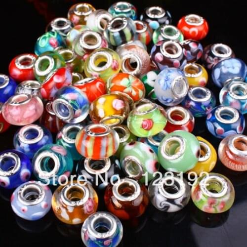 Free Shipping Random mixed 14mm 100pcs Glass Big Hole Loose Beads Lampwork Glaze Beads fit European Jewelry Braclet Charms DIY