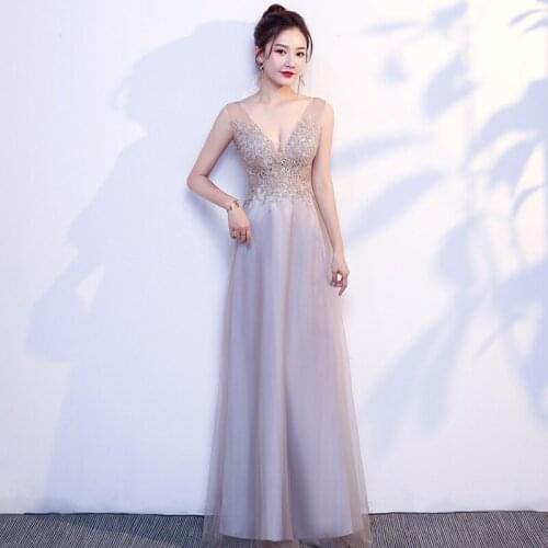 Sequins Appliques Evening Dress Sleeveless Luxurious A-Line Deep V-Neck Floor-length Plus size Women Formal Party Dresses C1333