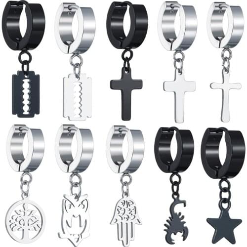 Black Punk Women Men Earrings Ear Studs Blade Chain Hoop Huggie Gothic Stainless Steel Earrings Jewelry Gifts High Quality