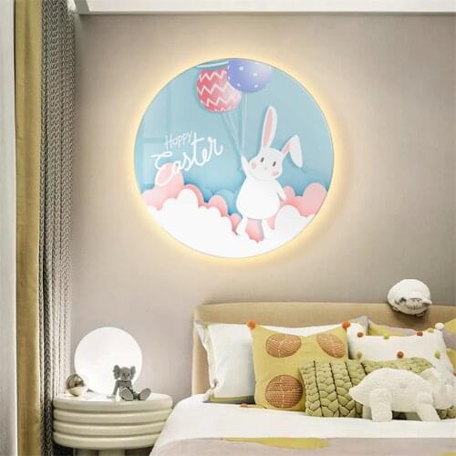 Nordic Childrens Room Decorative Painting Wall Lamps Girl Bedroom Cartoon Round Luminous LED Bedside Kindergarten Wall Lights
