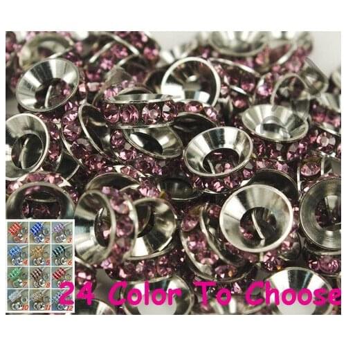 Hc3424 10mm Purple Rhinestone Crystal Rondelle Spacer Beads Lot,Rhodium Plated Big Hole European Beads