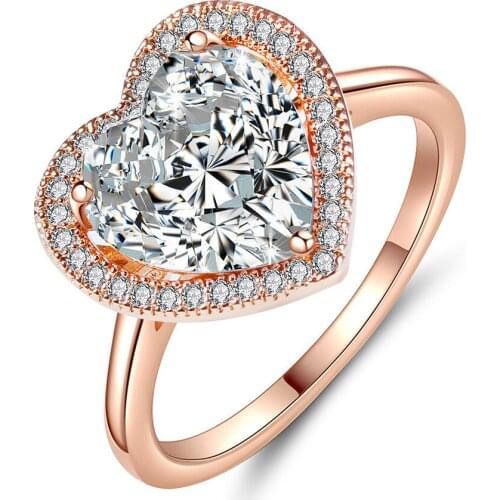 Hainon New Big Fashion Women Rose Gold Color Heart White Full Crystal Wedding Engagement Band Rings for Women Jewelry Rings