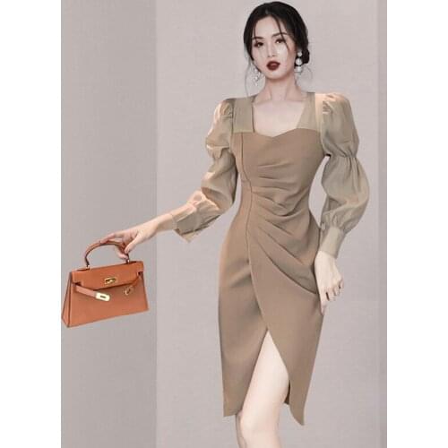 JSXDHK Office Ladies Spring Puff Sleeve Dress 2021 New Fashion Women Square Collar Draped Female High Waist Bodycon Split Dress