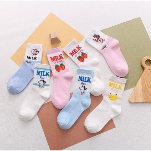 Korean Style Cute 1Pair Breathable Womens Tube Socks Casual Harajuku Fashion Sock Girl Socks Jacquard Strawberry Milk Cotton