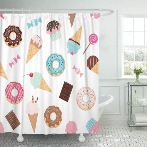 Colorful Birthday Sweets Ice Cream Donuts Cupcakes Chocolate Bar Shower Curtain Waterproof Polyester Fabric 60 x 72 Inches with