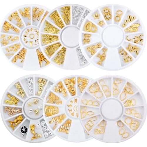 1 Box Gold Silver Metal Nail Art Decorations Hollow Mixed Designs DIY Nails Studs Riverts Manicure Accessories Nail Wheel