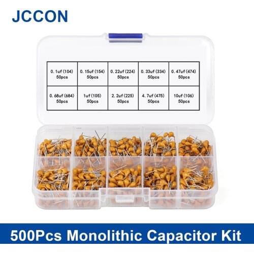 500Pcs Monolithic Capacitor kit 10Valuesx50Pcs 0.1uf-10uf (104-105) Multilayer Ceramic Capacitors Assorted Kit with Storage Box