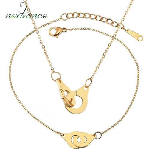 Nextvance Stainless Steel Handcuffs Chain Bracelet Freedom Couple Lock Bracelets Necklace Set for Valentines Day Gift