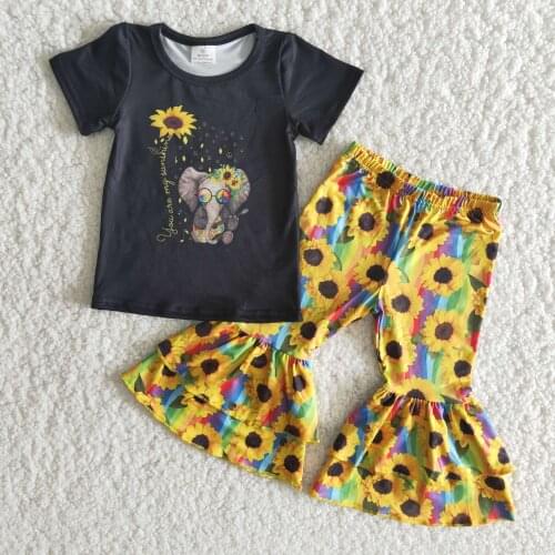 2021 New style lovely childrens fashion elephant and sunflower printed boutique toddler girl short sleeve bell bottoms set