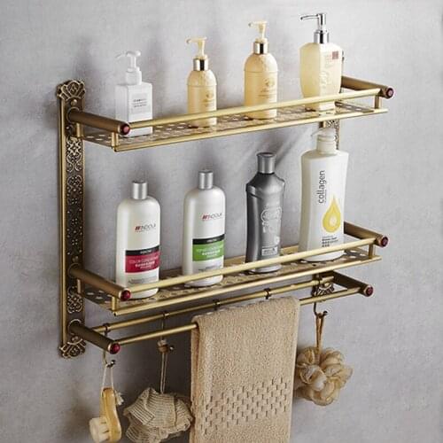 New Arrival Wall Mounted Antique Brass Bathroom Shelf with towel rack and robe hooks Bath Shampoo shelf dual tiers Corner shelf
