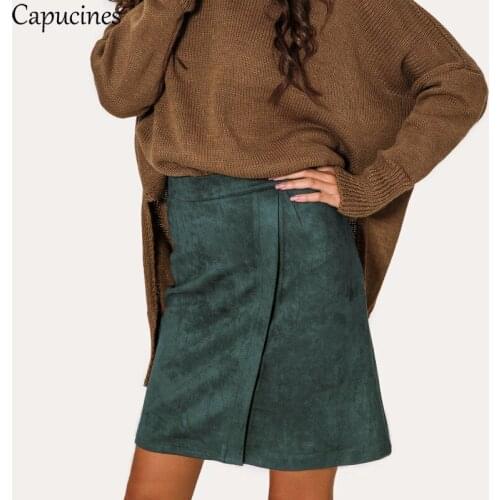 Autumn Winter Fashion A-Line Suede Skirt Women Casual Solid Slim High Waist Skirt Ladies Sexy Mini Faux Leather Skirts