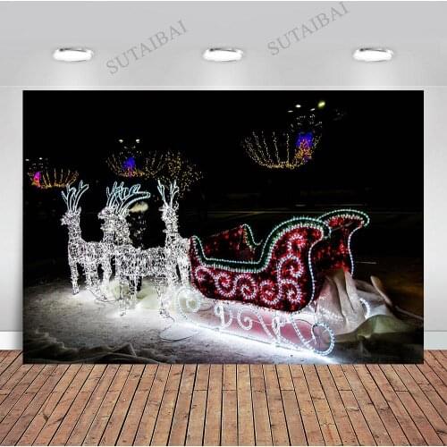 Christmas Background Reindeer Sleigh Luminous House Street Snow Christmas Eve Photography Backdrop for Photo Studio