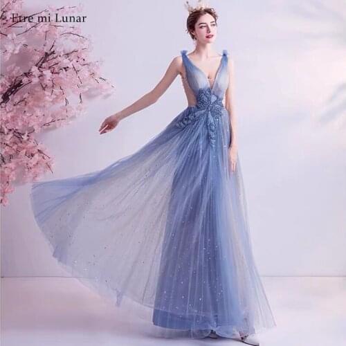 Sexy Evening Dress 2020 A-Line Blue V-Neck Flowers Long Train Prom Gown Tulle Sequins Formal dress LE40821