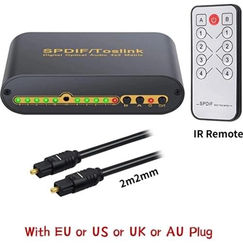 SPDIF Toslink Splitter 4 Ports 4x2 Toslink Digital Optical Audio Switcher Matrix 4 In 2 Out with Optical Cable and IR Remote