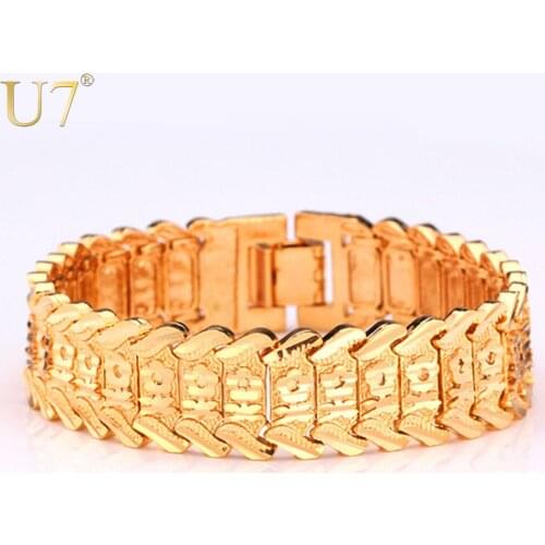 U7 Sale Big Bracelet Gold Color Flower Pattern Trendy Jewelry 20CM Bracelets & Bangles For Men/Women H494