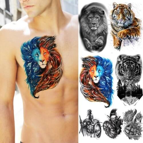 Watercolro Galaxy Lion Temporary Tattoos For Men Adults Realistic Tiger Knight Forest Creative Fake Tattoo Sticker Body Tatoos