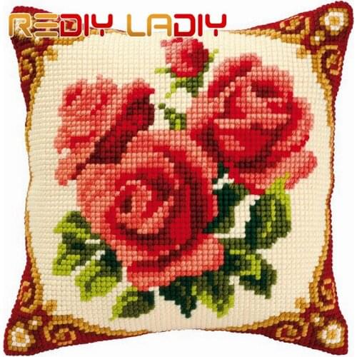 Cross Stitch Cushion Three Red Roses Chunky Yarn Cross-Stitch Kits Needlework Pre-Printed Canvas Pillow Home Deocr Arts & Crafts