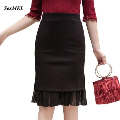 SEXMKL Women Winter Black Skirt 2020 Korean Fashion Elastic High Waist Skirts Offfice Lace Patchwork Pencil Skirt Plus Size Jupe