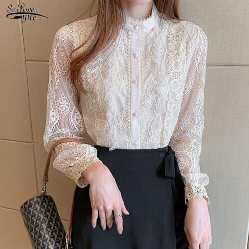 Autumn New Korean Style Shirts for Women Long Sleeve Loose Elegant Woman Top Stand Collar Flower Hollow Lace Blouse Blusas 16896