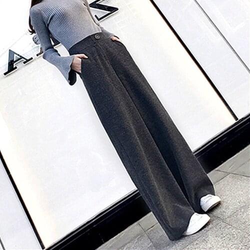 2021 Autumn Winter Women Thick Warm Woolen Pants Female Slim Elastic High Waist Stretchy Pant Lady Solid Wide Leg Trousers K553