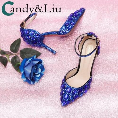 Bridal Sandals New Royal Blue Crystal Bright Bling Stone Pointed Womens Wedding Shoes Banquet Straight Line Hollow Sexy Party