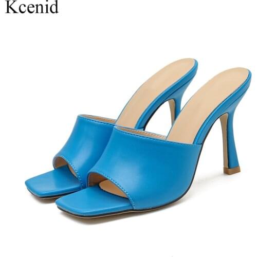 Kcenid Shoes women 2020 ladies party slippers fashion heel mules elegant square toe high heels slides women pumps blue size 41