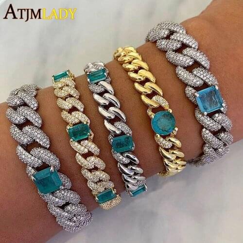 2020 Geometric cz paved blue colorful bling cubic zircoina cz Miami cuban link chain hiphop iced out cuban chain women bracelet