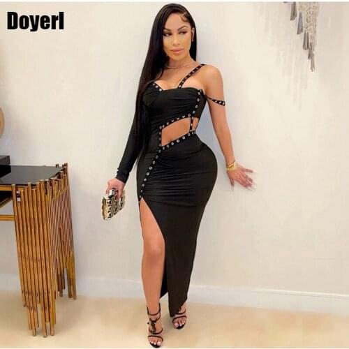 Spring Sexy Party Dress Women Elegant Long Sleeve One Shoulder Ruched Bodycon Long Dress with Slit Club Maxi Dresses for Women