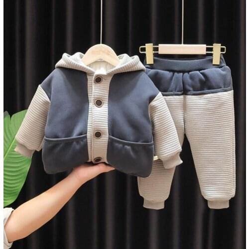 Boys winter suit new baby winter plus velvet thick two-piece suit baby girl western style cotton suit