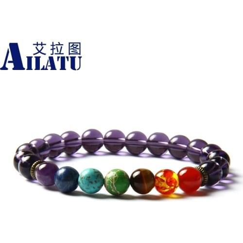 Ailatu Wholesale Purple Glass Beads with Natural Sediment, Tiger Eye Stone and Crystal Stretch Energy Yoga Fashion Bracelets
