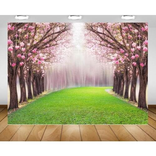 Natural Scenery Photography Backdrop Photo Studio Photocall Spring Green Grassland Floral Trees Background Pink Flowers Newborn