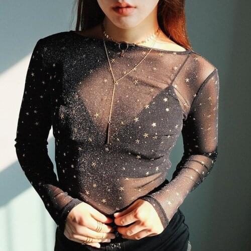 Women Sexy Transparent Mesh Tops Fashion Long Sleeve See Though Tee Shirt Evening Party Club O-Neck Stars Print T Shirt