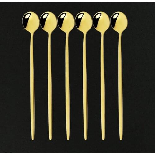 6Pcs/Set Gold Mirror Long Handle Stainless Steel Coffee Spoon Ice Cream Dessert Tea Spoon For Picnic Kitchen Accessories