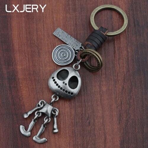 LXJERY Creative Skull Skeleton Keychain Punk Leather Weave Key Ring For Women Bag Charm Pendant Key Chain Gifts